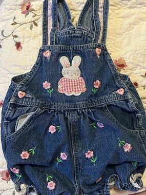 Vintage Denim Baby Romper with Bunny & Pink Floral Embroidery